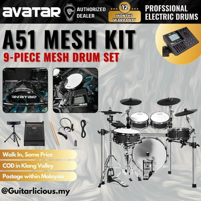 Avatar A51 Professional 9-Piece Mesh Kit Electric Drum Set with Shell (5PC Drum Pad, 4PC Cymbal Pad) - ( A 51 / A-51 )